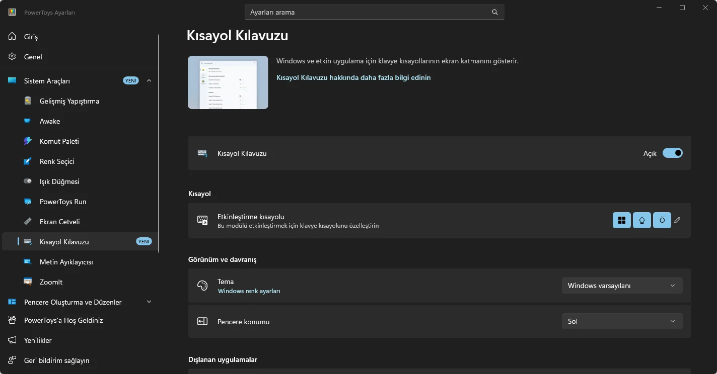 PowerToys Ayarları Kısayol Kılavuzu Bölümü Ekran Görüntüsü