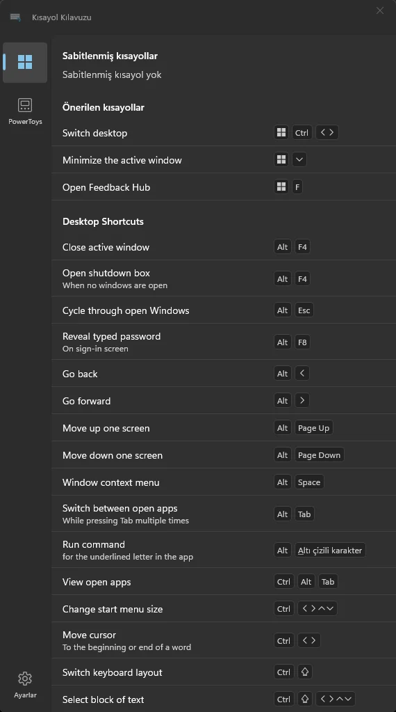 Windows 11 klavye kısayolları öğrenimini kolaylaştıran PowerToys uygulamasının açık olduğu bir bilgisayar ekranı.