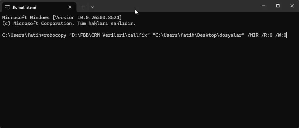 Arızalı Sürücüden Dosya Kurtarma Robocopy komutu ile Windows 11 dosya aktarım ekranı görünümü
