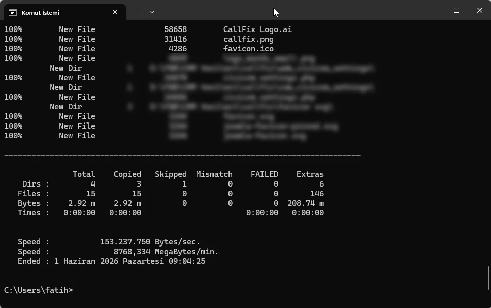 Arızalı Sürücüden Dosya Kurtarma Robocopy komutu ile Windows 11 dosya aktarım ekranı görünümü