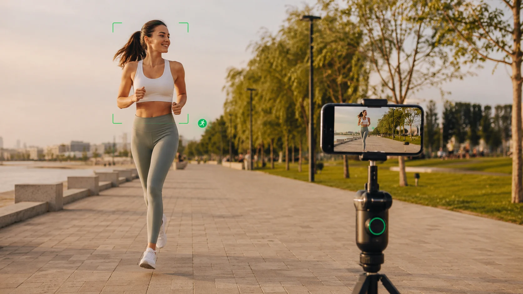 Robot Kameralı Android Telefonlar parkta koşan içerik üreticisini otomatik kadrajlar.