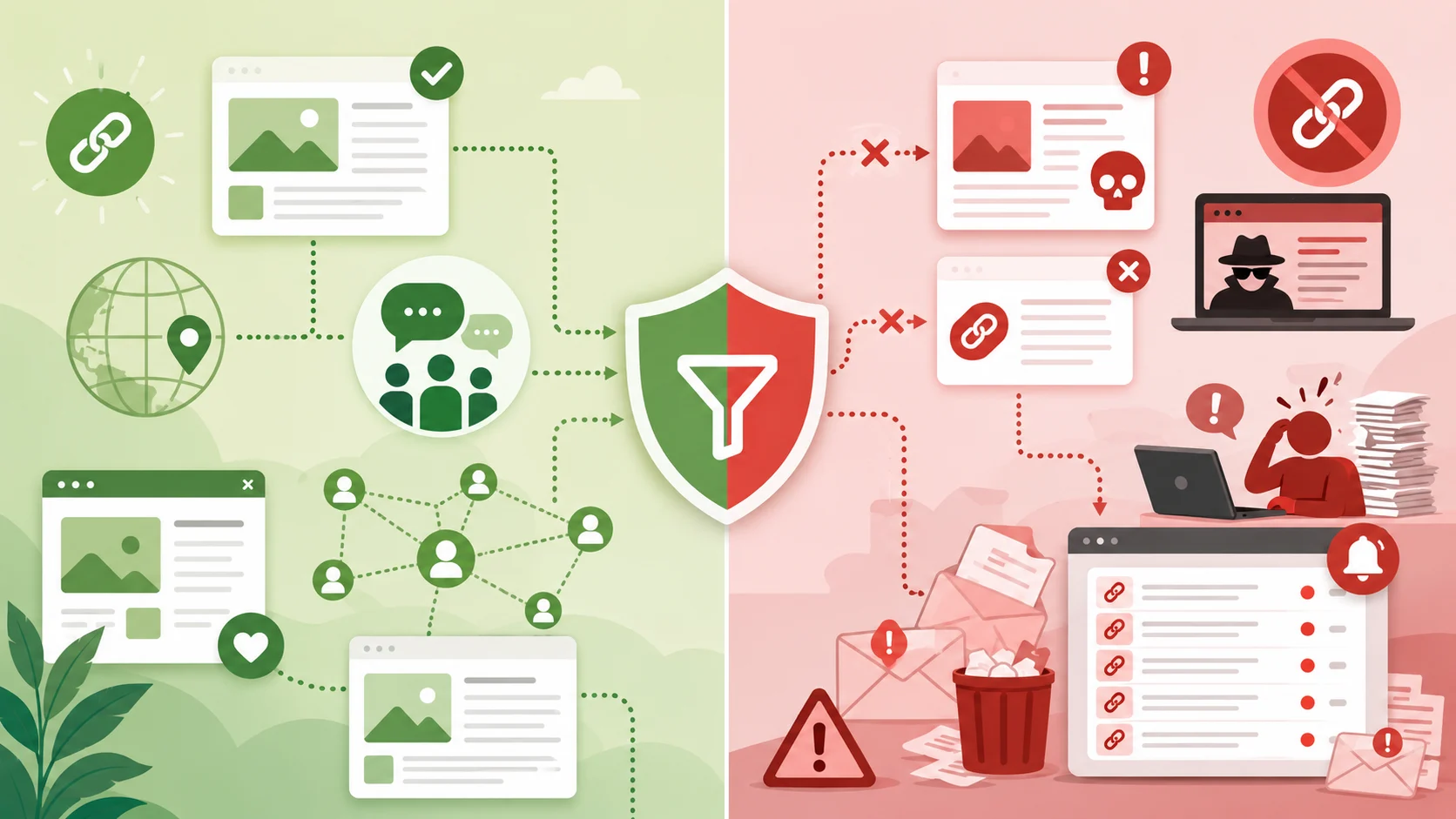 Trackback nedir, faydaları ve spam risklerini karşılaştıran bölünmüş infografiği anlatır.