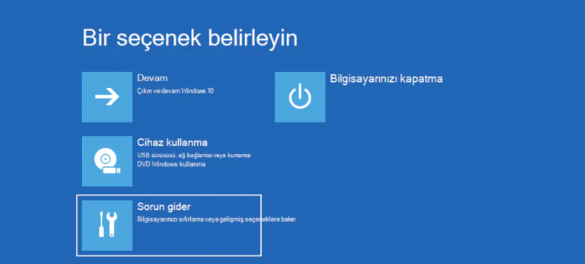 UNMOUNTABLE_BOOT_VOLUME hatası veren bir bilgisayar da Sorun Gider ekranı