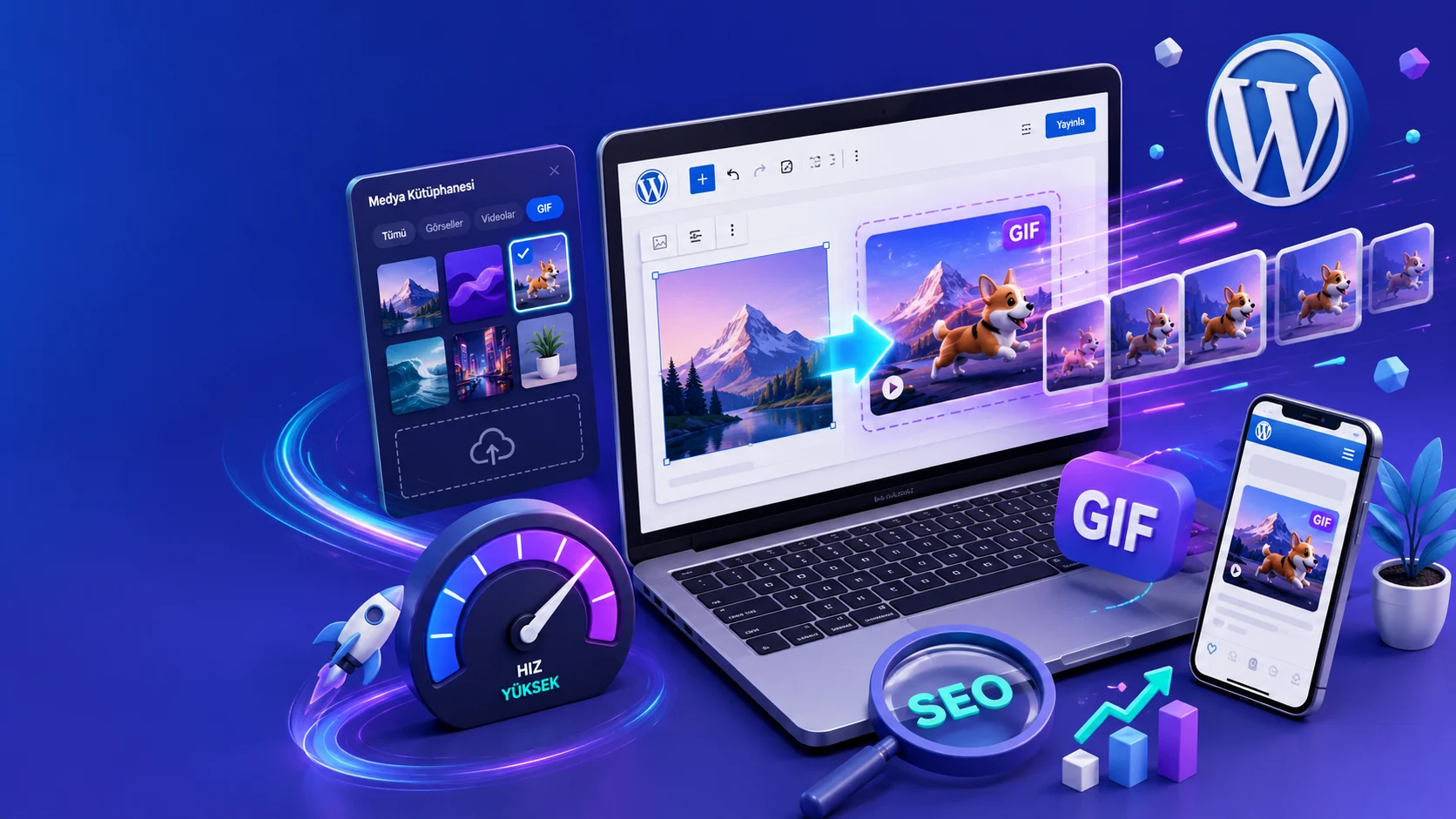 WordPress GIF kullanımı, editörde animasyon ekleme ve SEO uyumunu gösteriyor.