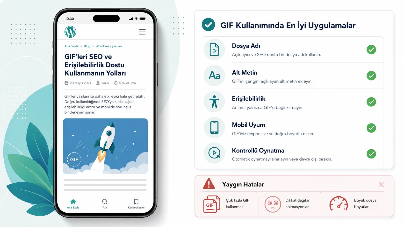 WordPress GIF kullanımı, alt metin, mobil uyum ve erişilebilirliği vurguluyor.