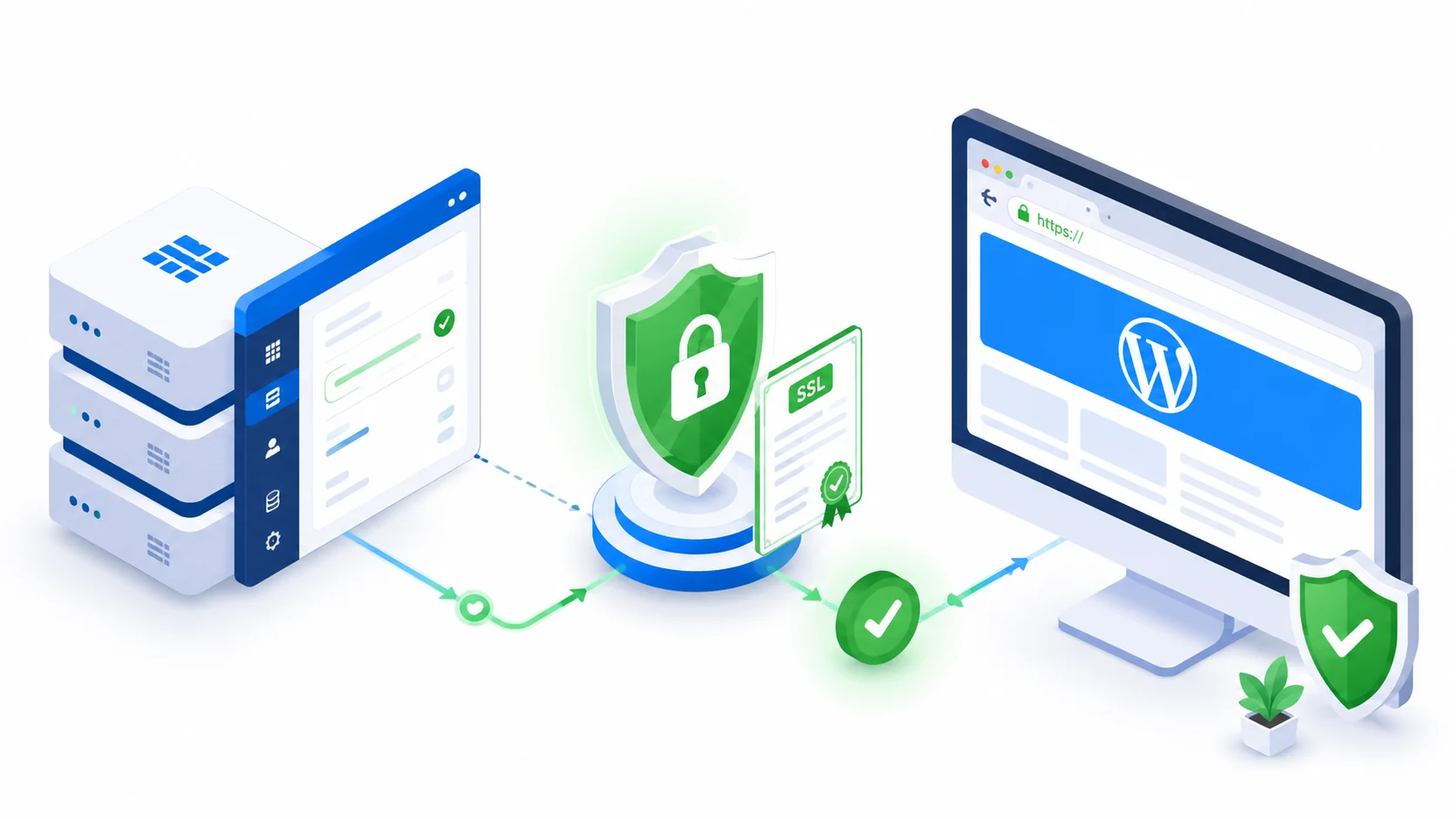 SSL Sertifikası Yükleme, sunucudan WordPress sitesine uzanan güvenlik sürecini gösterir.