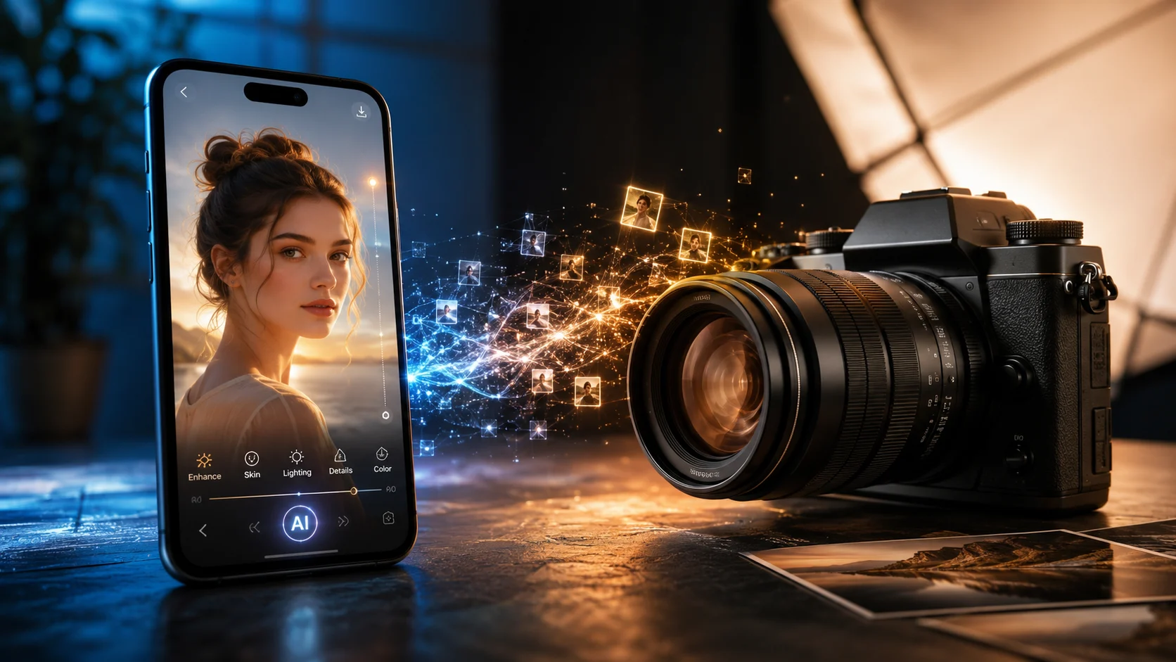 Yapay Zekâ Destekli Fotoğraf Düzenleme, telefon ve profesyonel kamerayı aynı sahnede karşılaştırır.