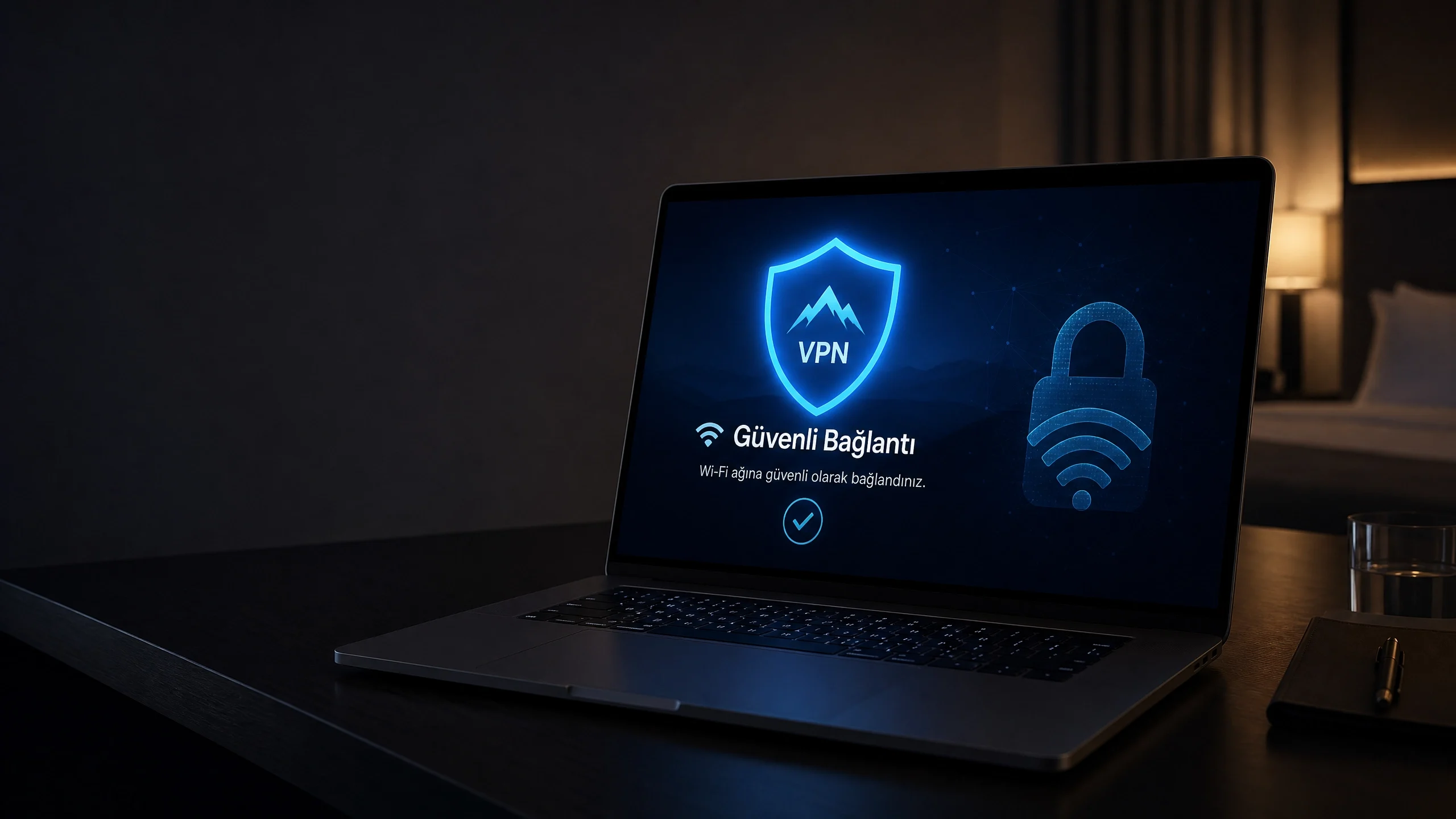 Otelde güvenli Wi-Fi kullanımı için VPN korumalı dizüstü bilgisayar bağlantısı