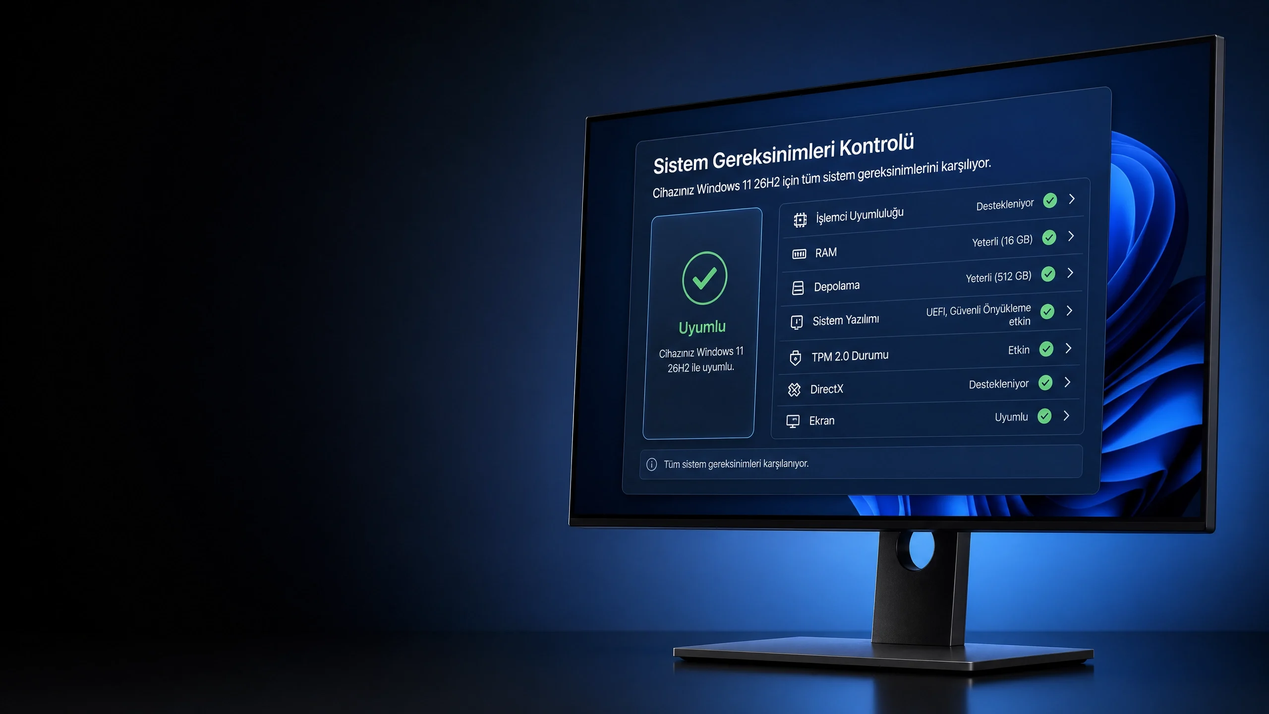 Windows 11 26H2 sistem gereksinimleri ekranında TPM 2.0 ve işlemci uyumluluğu gösteriliyor