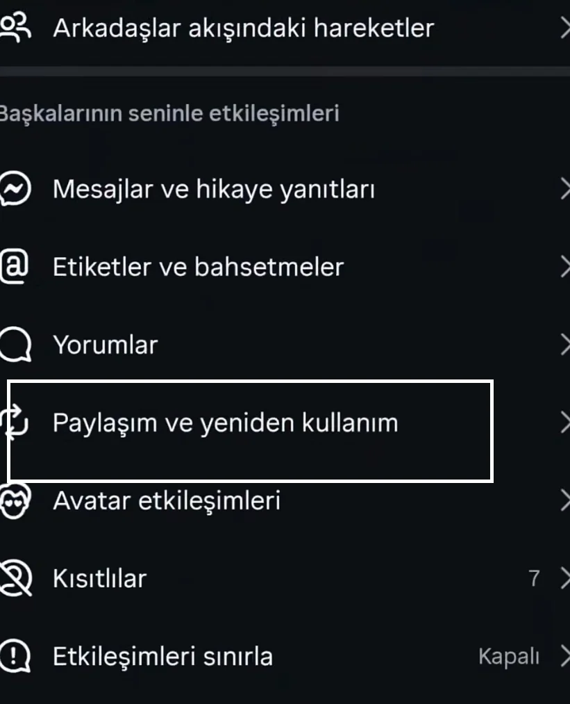 Gönderi ve Reels paylaşım izinlerini kapatma