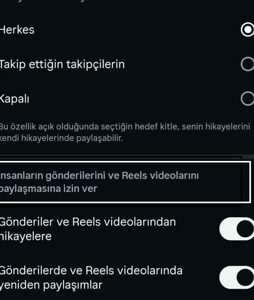 Gönderi ve Reels paylaşım izinlerini kapatma