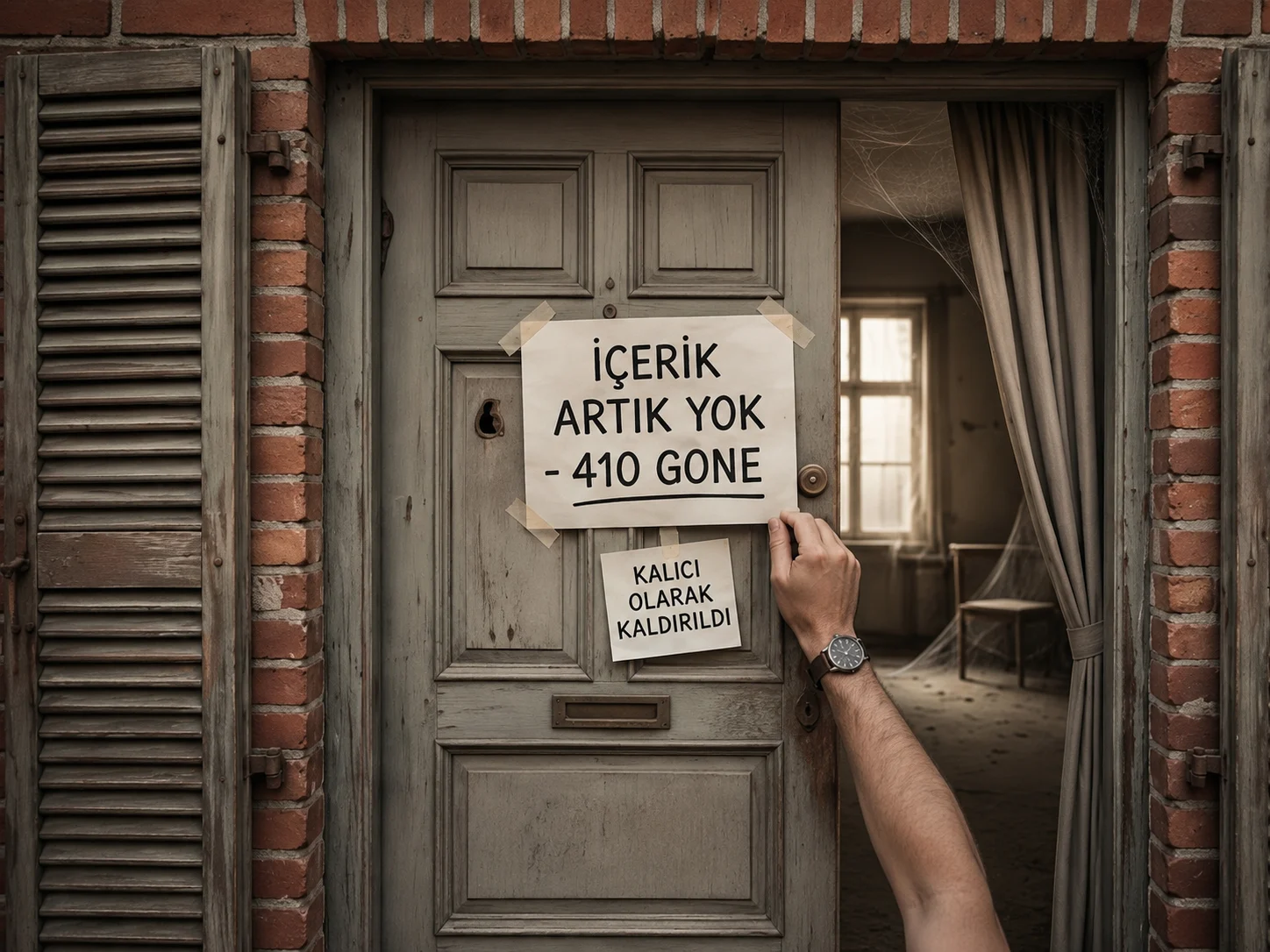 410 Gone Hatası kapıdaki uyarıyla içeriğin kalıcı silindiğini görsel olarak açıklıyor