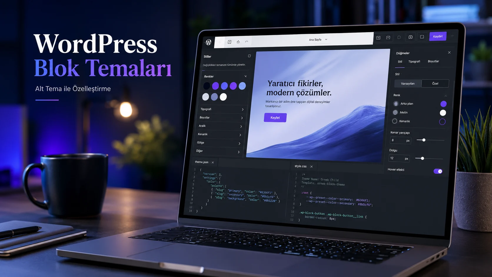WordPress Blok Temaları için alt tema düzenleme ekranı ve kod görünümü