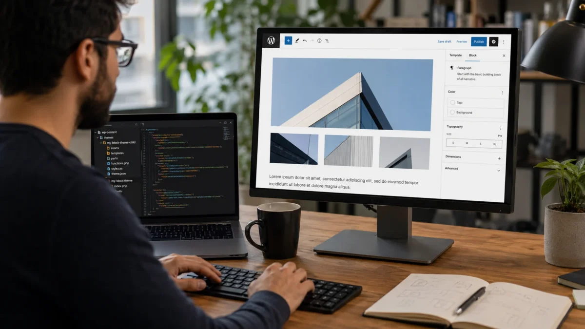 WordPress Blok Temaları üzerinde çalışan geliştirici ve blok editörü ekranı