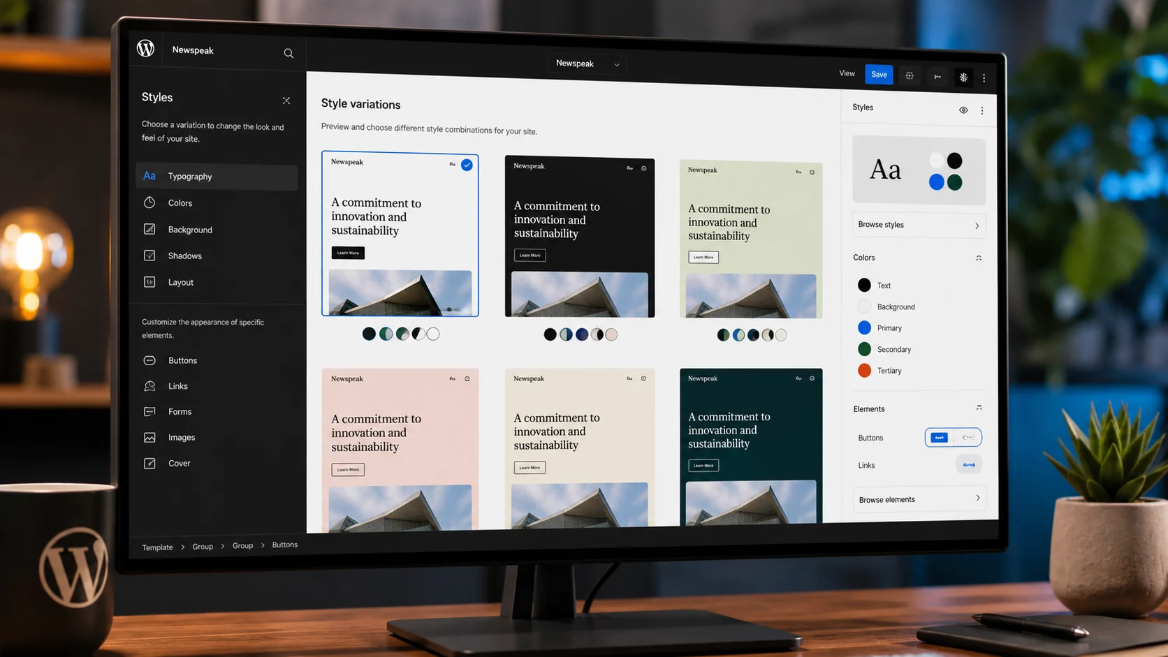 WordPress Blok Temaları stil varyasyonlarını gösteren modern Site Editörü ekranı