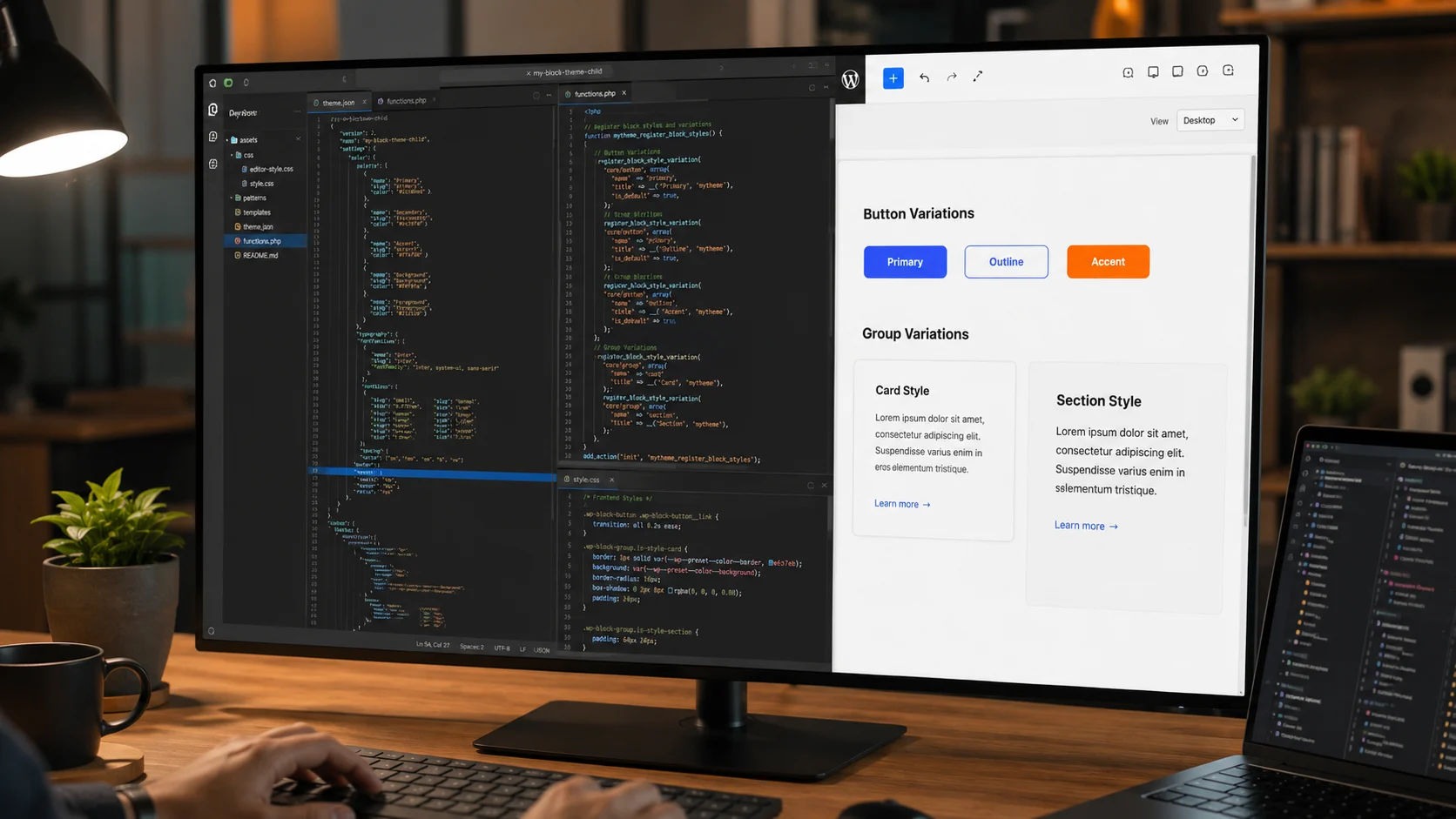 Özel WordPress Blok Temaları stillerini ve kod dosyalarını gösteren çalışma alanı