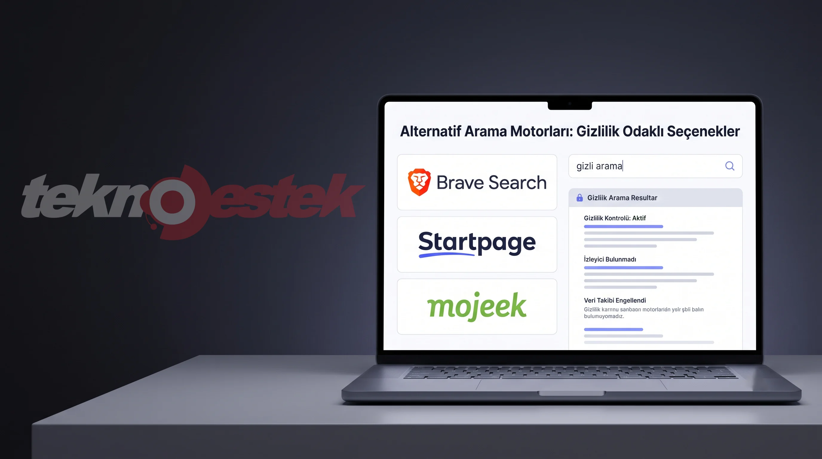 Alternatif arama motorları logolarının yer aldığı, gizlilik odaklı arama sonuçlarını gösteren bilgisayar ekranı.