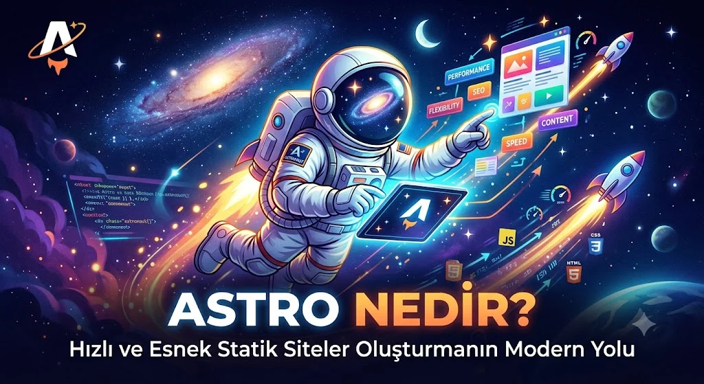 Astro Nedir sorusunu uzay temalı web geliştirme görseliyle açıklayan kapak tasarımı