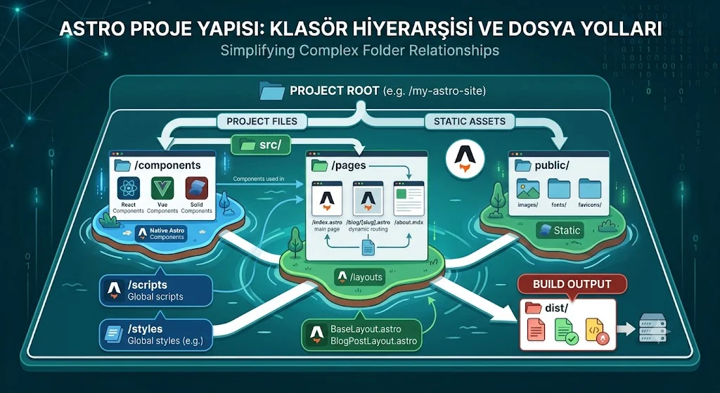 Astro Nedir sorusunu ada mimarisi ve bileşen yapısıyla gösteren teknik şema