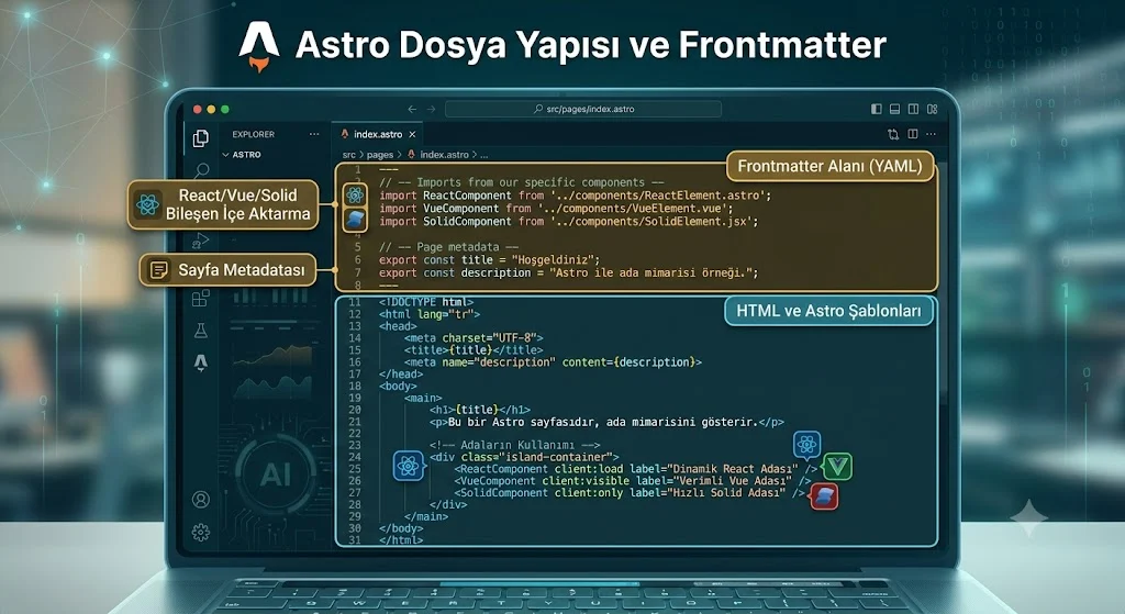 Astro Nedir sorusunu frontmatter ve bileşen kodları üzerinden açıklayan ekran