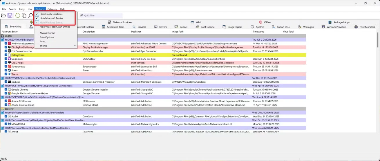 Gizli başlangıç programları tespiti için Sysinternals Autoruns aracı Option Menüsü