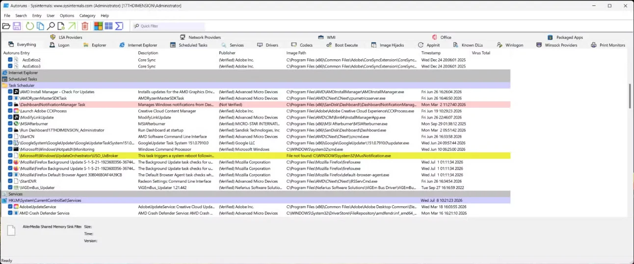 Gizli başlangıç programları tespiti için Sysinternals Autoruns Aracı