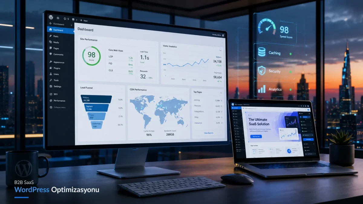 B2B SaaS için WordPress'i Optimize Etme ekranında performans ve analiz paneli