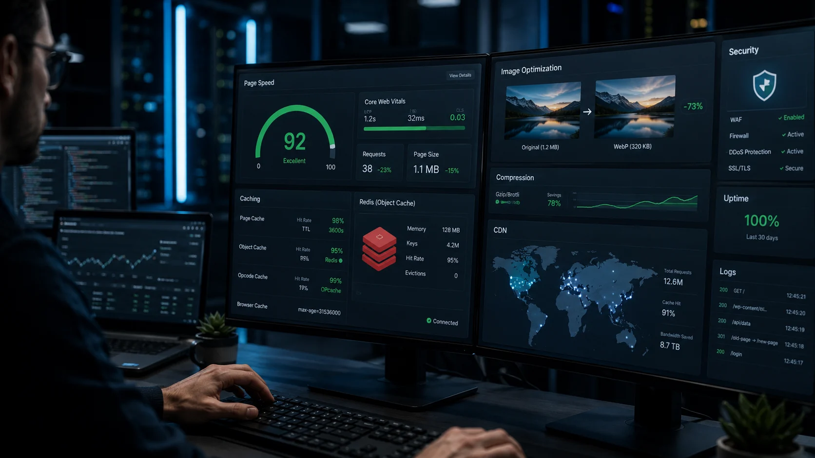 B2B SaaS için WordPress'i Optimize Etme, hız testi, Redis önbelleği, CDN dağıtımı ve güvenlik durumunu izleyen gelişmiş teknik kontrol ekranını net gösterir.