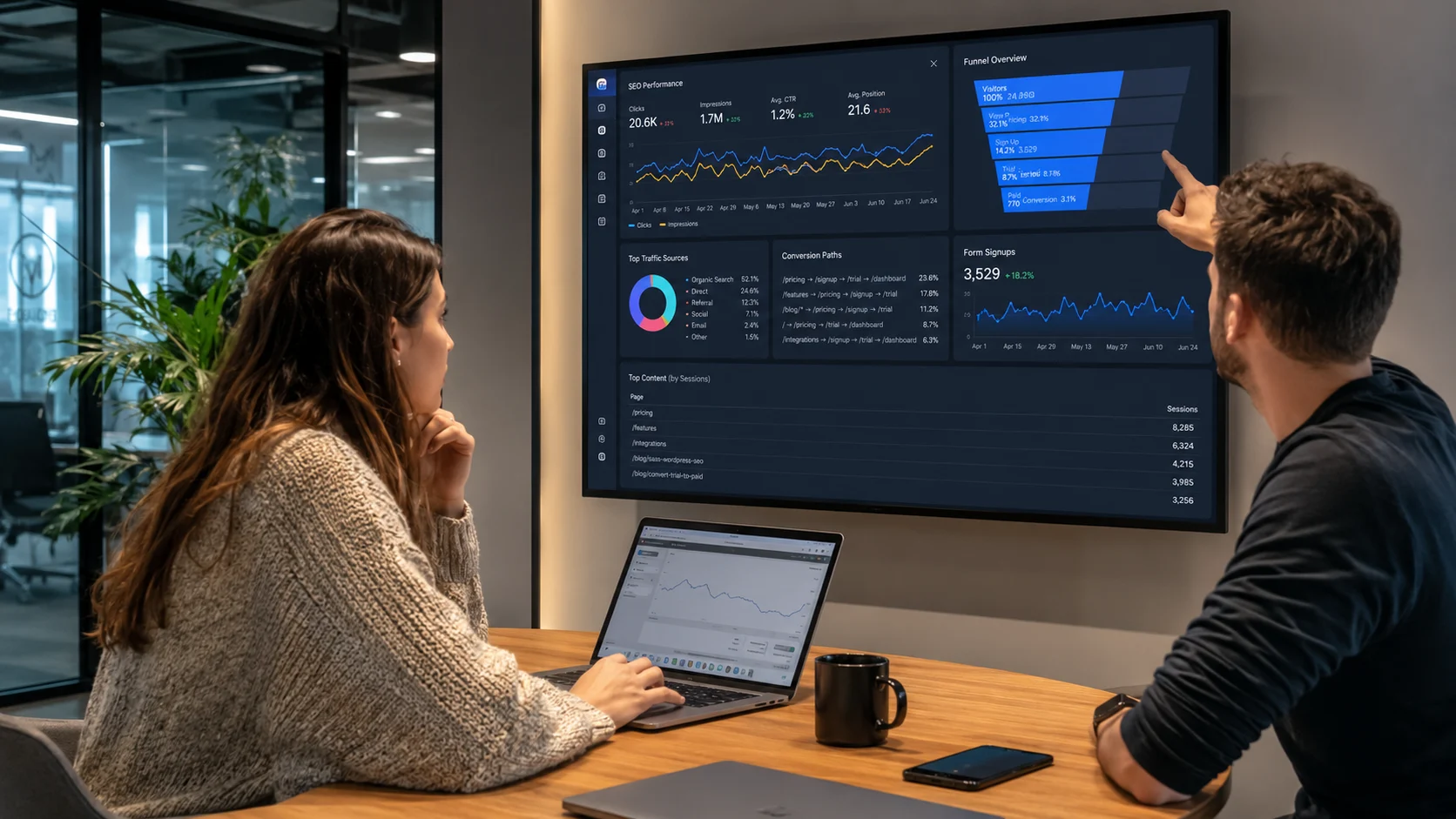 B2B SaaS için WordPress'i Optimize Etme, ekiplerin SEO, dönüşüm hunisi ve form kayıtlarını birlikte değerlendirdiği modern ve verimli toplantı ortamını gösterir.