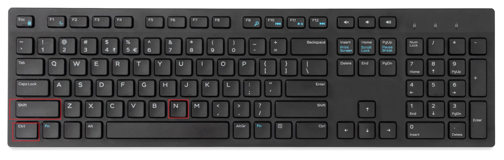 Dosya Gezgini Klavye Kısayolları Ctrl, Shift ve N tuşlarının vurgulandığı bir klavye fotoğrafı