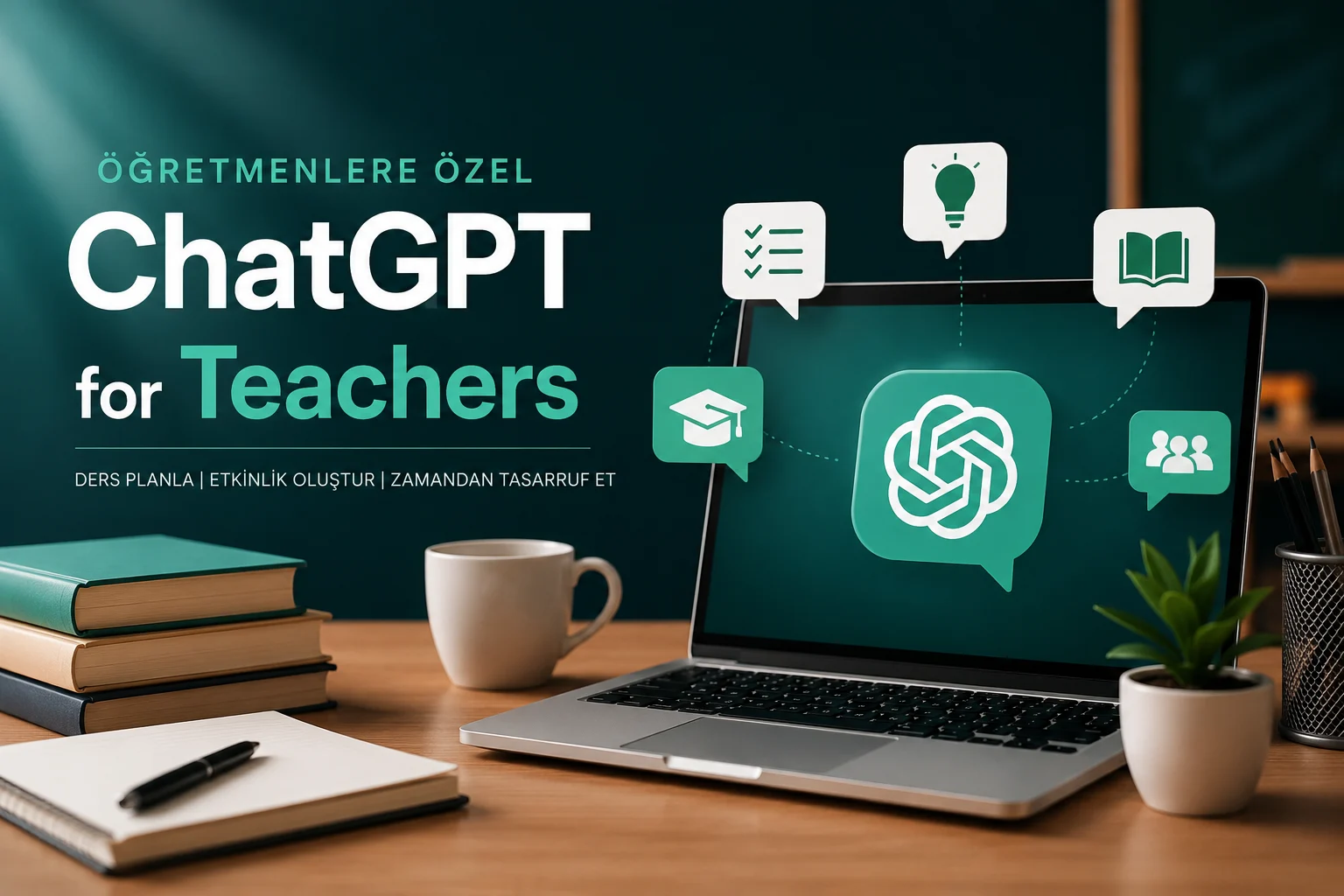Sınıfta dizüstü bilgisayarıyla ChatGPT for Teachers kullanan öğretmen ve dijital eğitim teknolojilerini simgeleyen modern yapay zekâ görseli.
