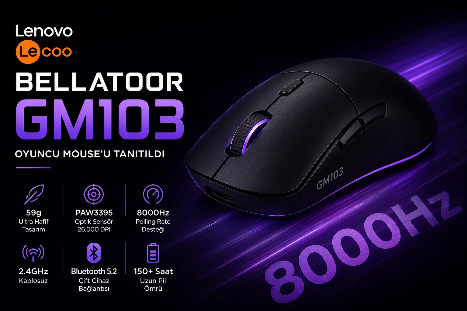 Lenovo Lecoo Bellatoor GM103 oyuncu mouse modeli, ultra hafif tasarımı ve yüksek performanslı oyun özellikleriyle siyah arka plan üzerinde tanıtılıyor.
