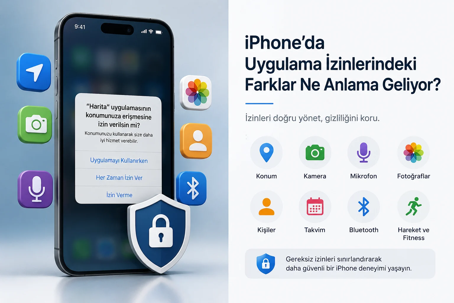 iPhone'da uygulama izinleri ekranını ve gizlilik simgelerini gösteren, konum, kamera, mikrofon ve fotoğraf izinlerini anlatan modern teknoloji temalı kapak görseli.