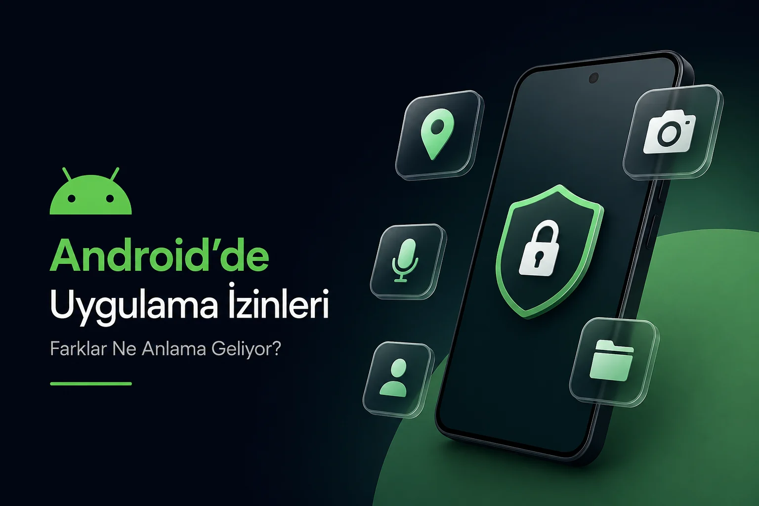 Android uygulama izinleri ekranını simgeleyen akıllı telefon, güvenlik kalkanı ve konum, kamera, mikrofon ile dosya erişim izinlerini temsil eden simgeler.