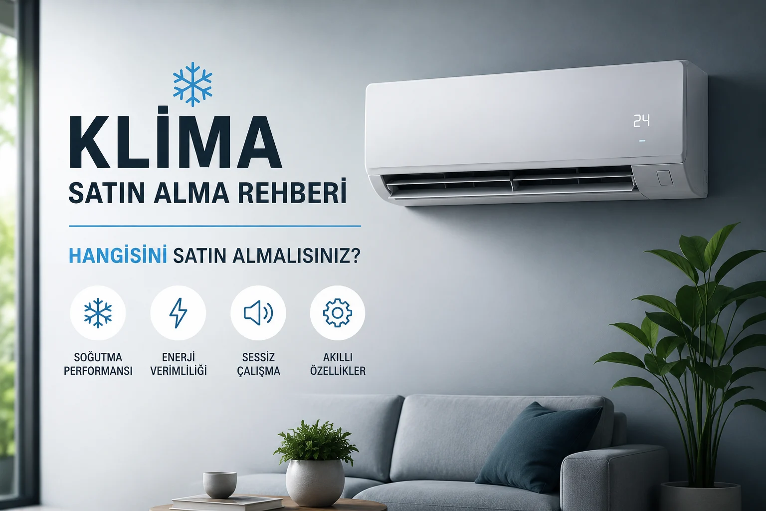 Modern oturma odasında duvara monte edilmiş split klima ve klima satın alma rehberini temsil eden sade tasarımlı kapak görseli.