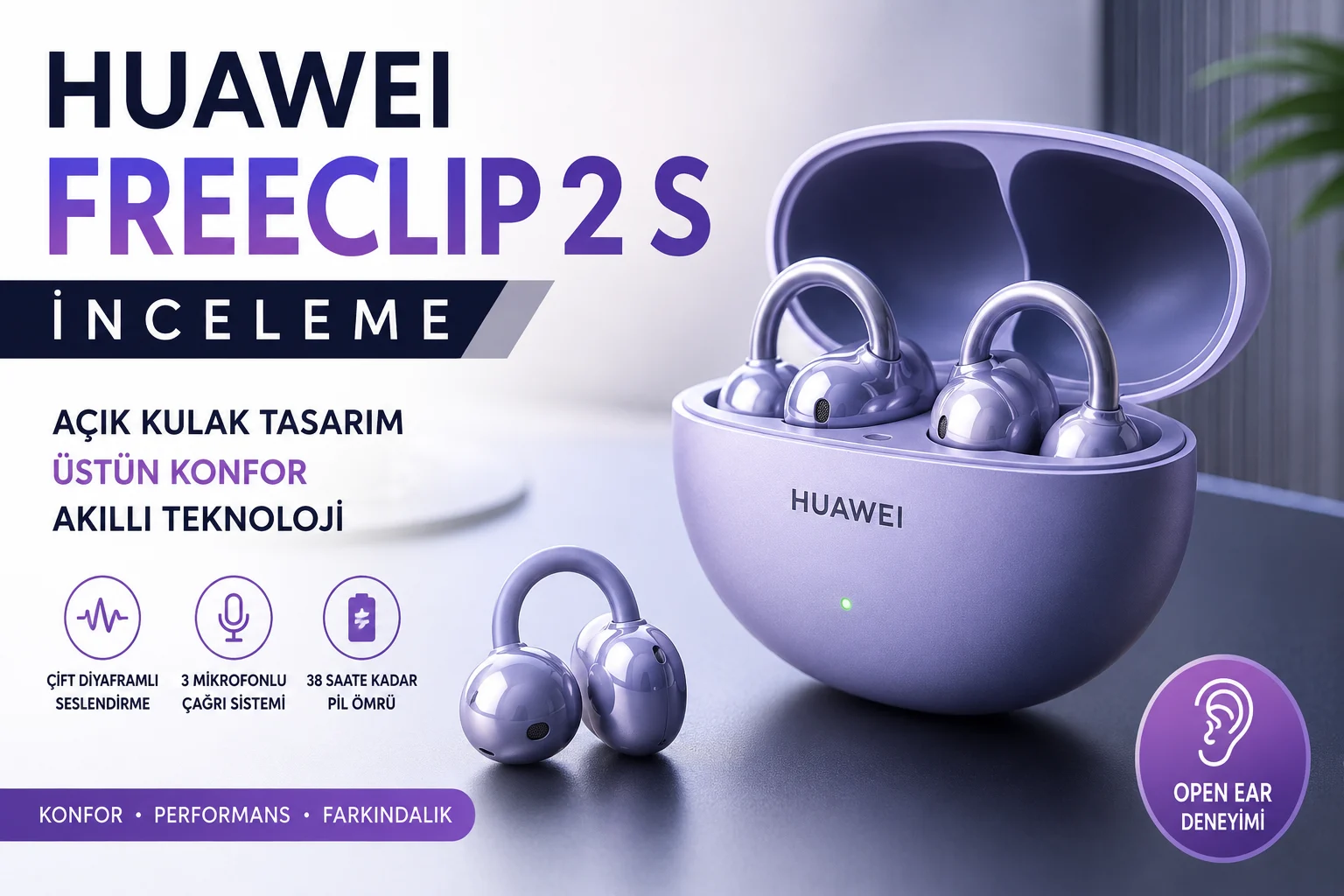 Huawei FreeClip 2 S açık kulak kablosuz kulaklık ve şarj kutusu