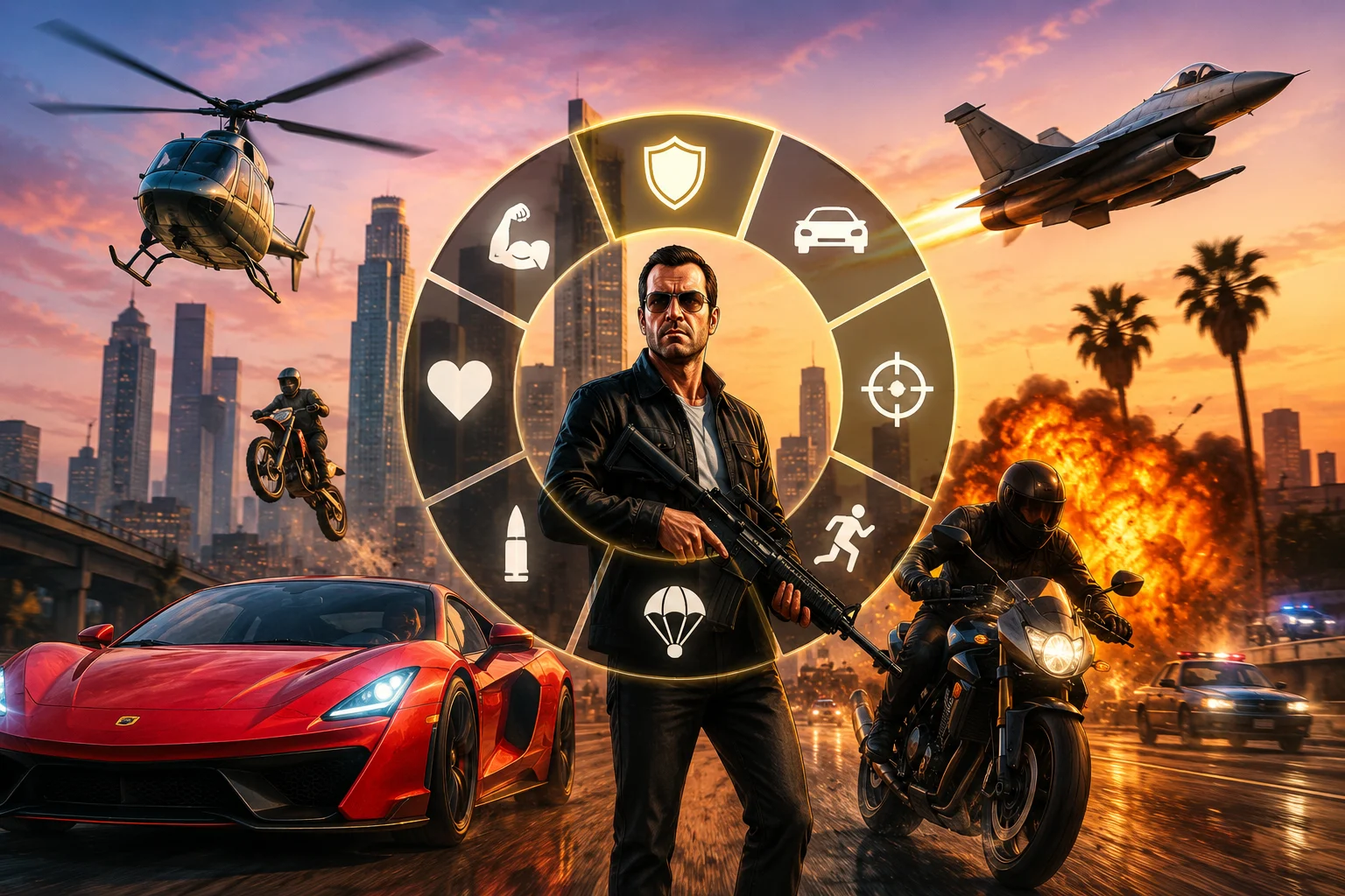 GTA 5 hileleri kullanılarak Story Mode'da araç çağıran ve süper zıplama yapan karakter