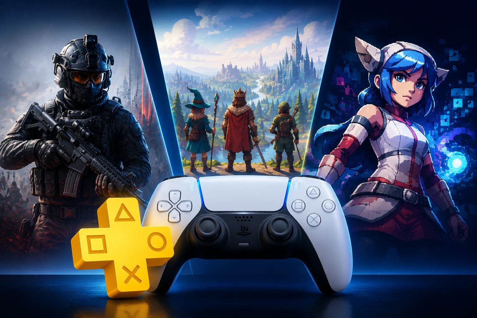PlayStation Plus Temmuz oyunları listesini gösteren PS5 kontrolcüsü ve oyun kapakları görseli