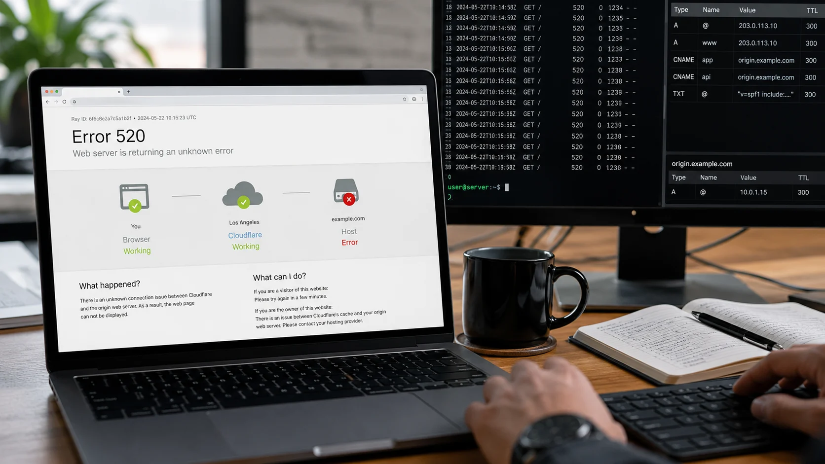 Cloudflare Hata 520 uyarısı, dizüstü bilgisayarda sunucu kayıtlarıyla birlikte görüntüleniyor.