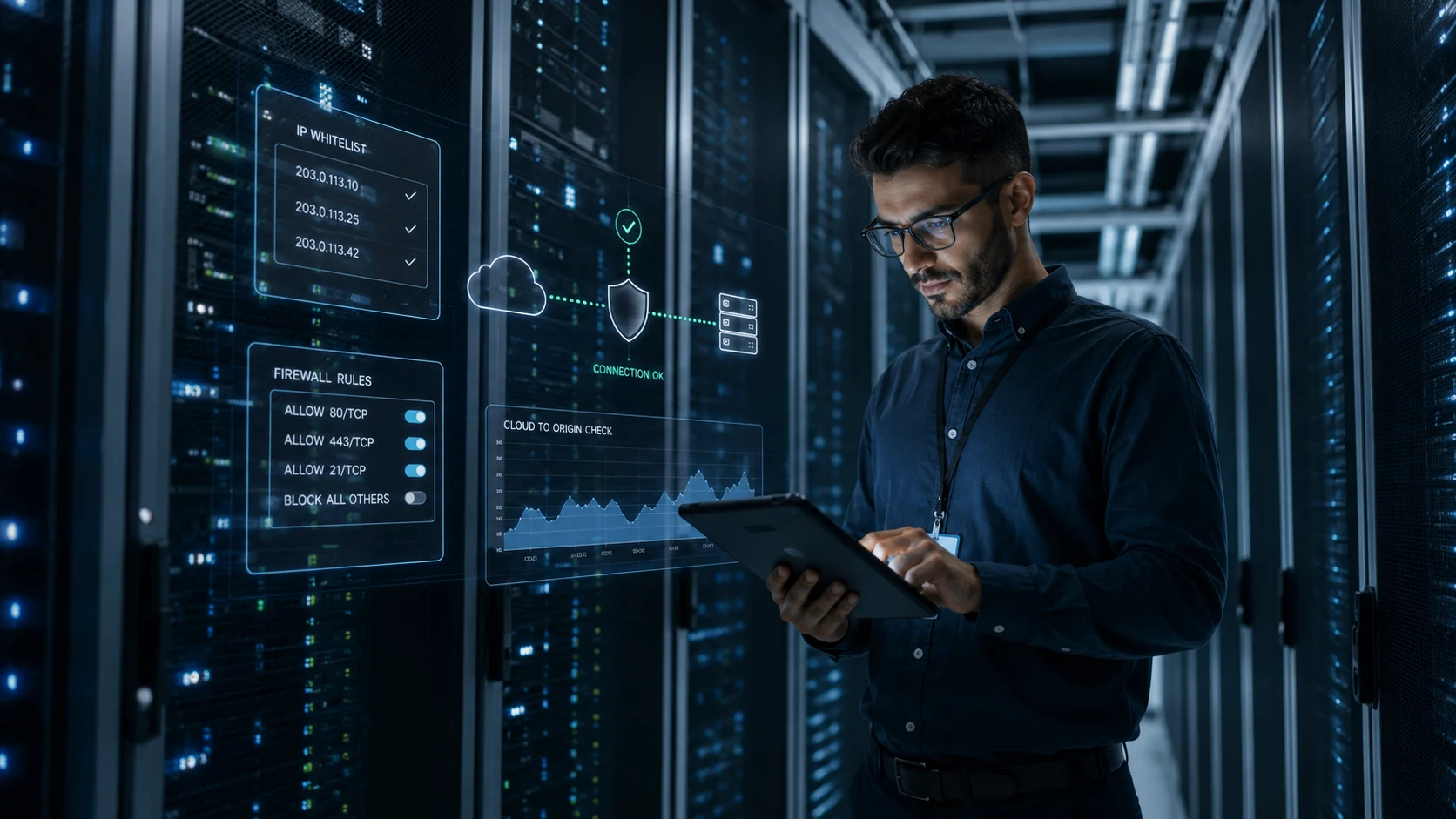 Cloudflare Hata 520 çözümü için veri merkezinde IP ve güvenlik ayarları kontrol ediliyor.