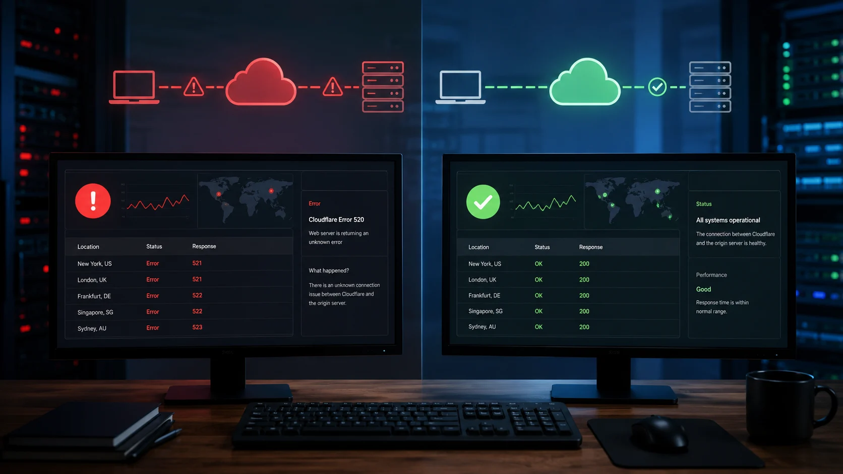 Cloudflare Hata 520 sonrası hata ve başarılı bağlantı durumları iki ekranda karşılaştırılıyor.