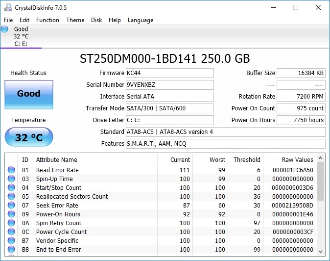 CrystalDiskInfo disk durum ekranını gösteren görsel