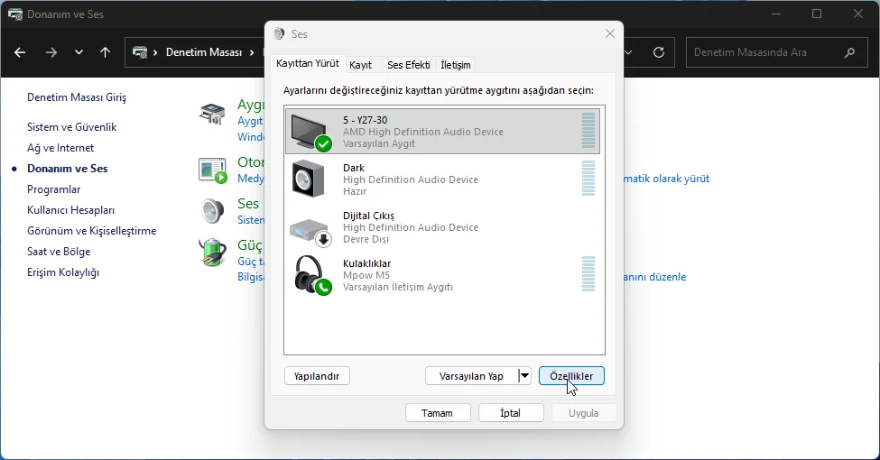 Windows 11 ses dengesi ayarlamak için denetim masası ses özellikleri