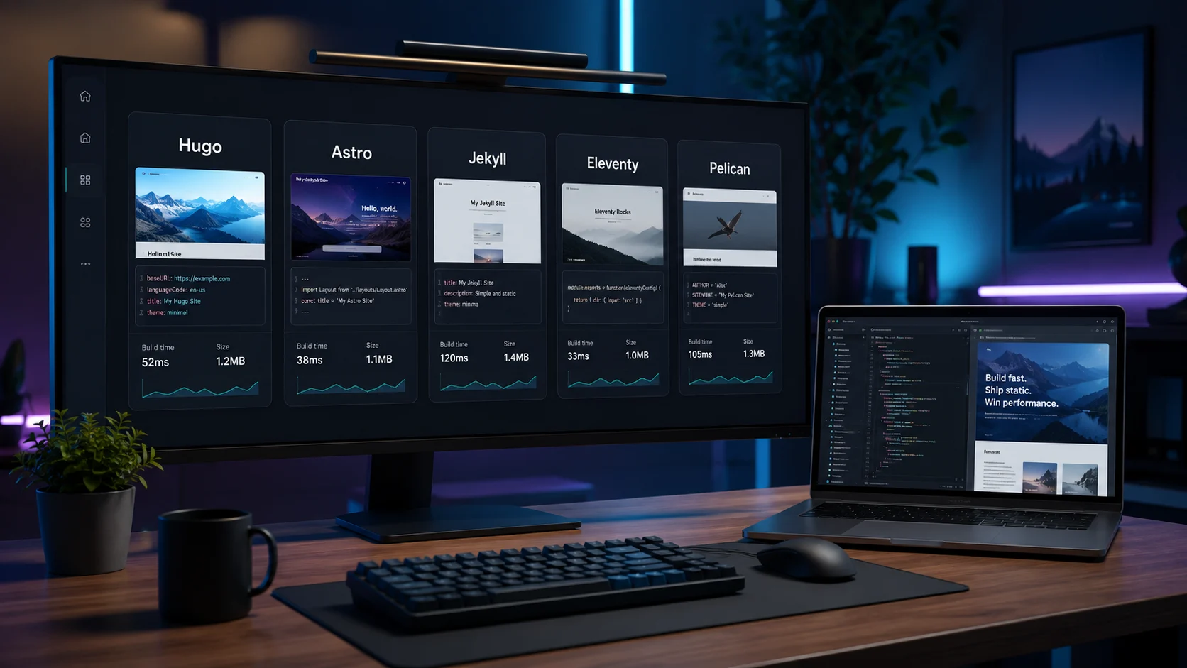 Statik Site Oluşturucu seçeneklerini gösteren geniş ekranda Hugo, Astro ve Jekyll karşılaştırması