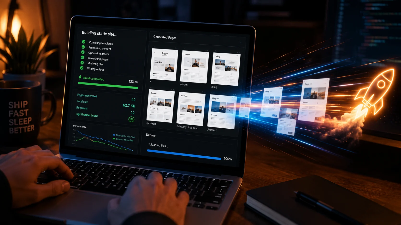 Statik Site Oluşturucu derleme sürecini hız odaklı arayüz ve roket simgesiyle anlatan sahne
