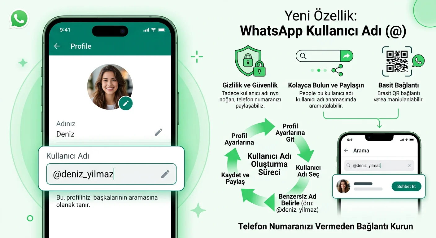 WhatsApp kullanıcı adı nedir, nasıl alınır ve telefon numarasını gizler mi? Yeni özelliğin kullanımı, gizlilik avantajları ve merak edilen ayrıntıları öğrenin.