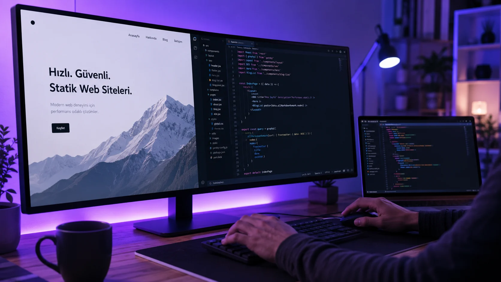Gatsby ile statik site oluşturma sürecini gösteren modern geliştirici çalışma alanı.