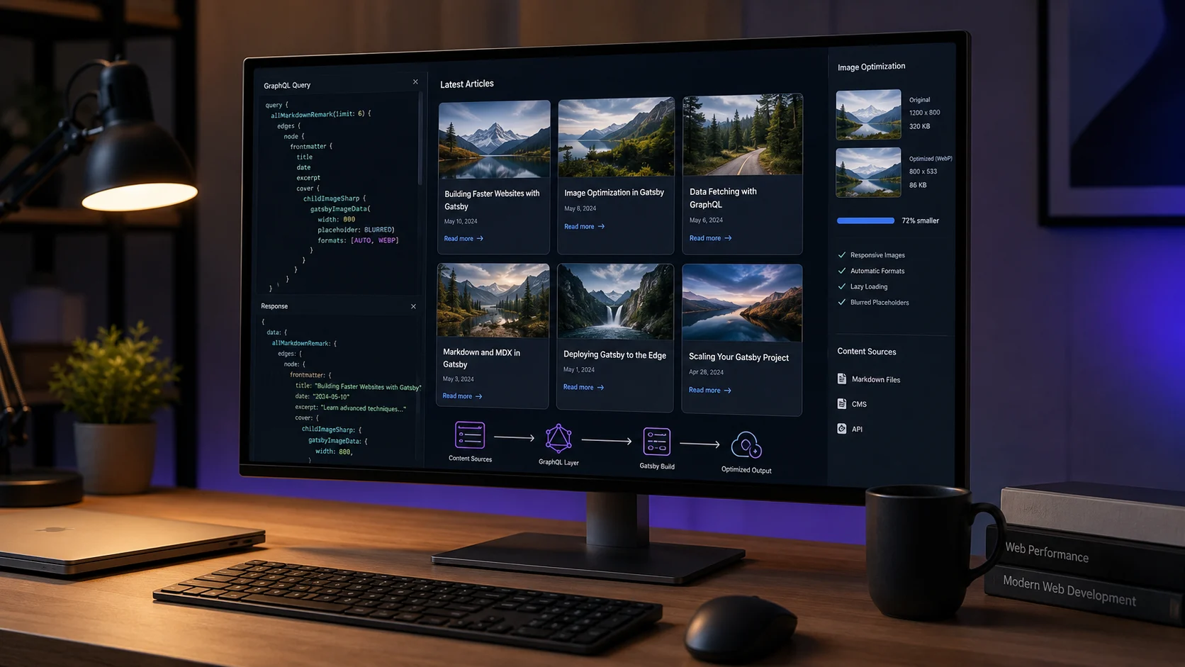 Gatsby ile statik site oluşturma için GraphQL ve görsel optimizasyon paneli.