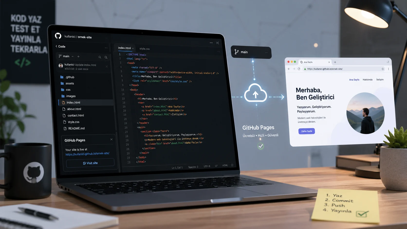 GitHub Pages ile kod dosyalarından canlı statik siteye geçiş ekranı