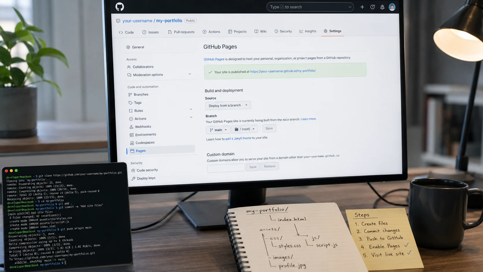 GitHub Pages ayarlarında ana dal ve kök klasörle site yayınlama